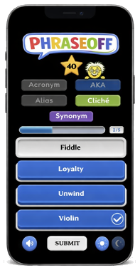 Phraseoff app shown on an iPhone, displaying a Synonym round with answer choices Fiddle, Loyalty, Unwind, and Violin