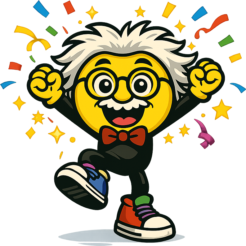 Professor Phrasey, the Phraseoff mascot, celebrating with fists raised amid confetti