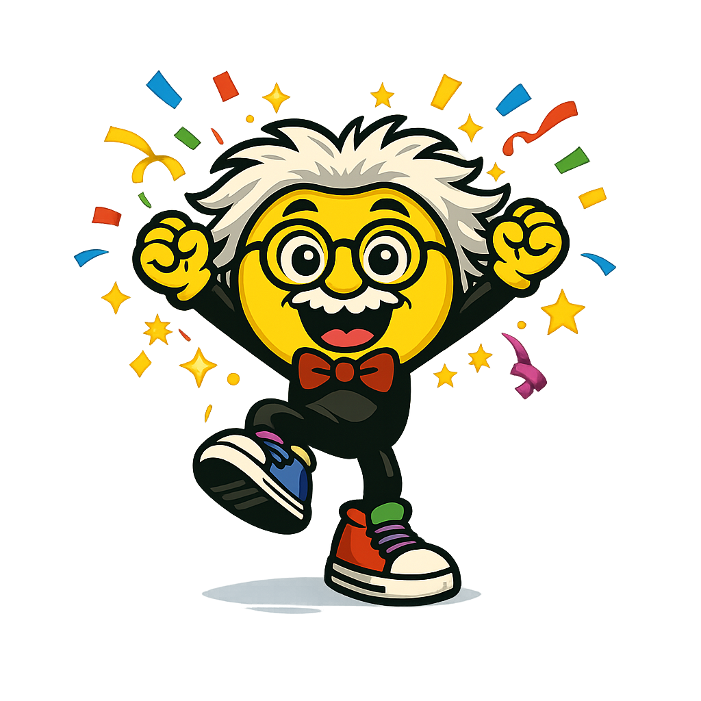 Professor Phrasey, the Phraseoff mascot, celebrating with fists raised amid confetti
