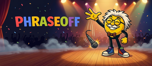 Professor Phrasey dropping the mic on stage with the Phraseoff logo, a cheering crowd, and confetti
