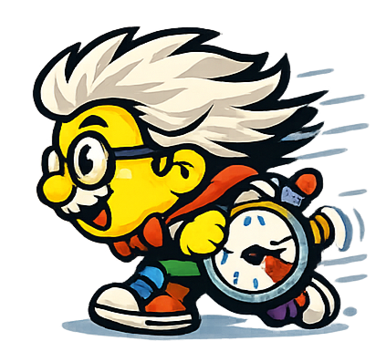 Professor Phrasey running fast while carrying a large alarm clock