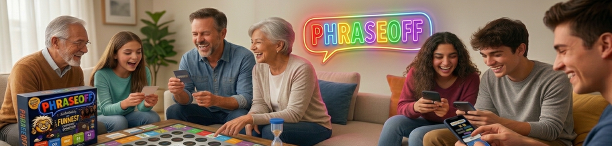 A multi-generational group of friends and family laughing together while playing Phraseoff with the board game, cards, and a timer around a living room table